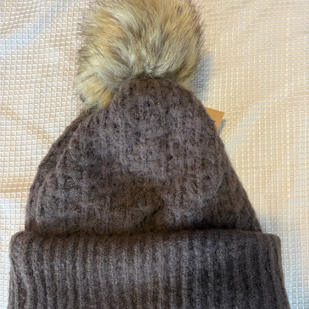 C.C Brown Knit Beanie with Faux Fur Pom - Picture 12 of 14